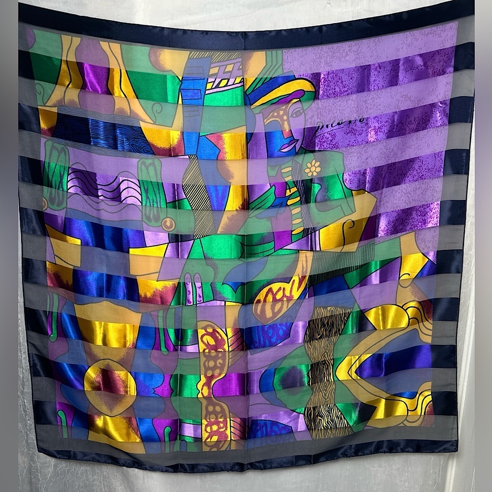 Vintage Picasso Multi Colored Cubist‎ Abstract Artsy Silk Scarf Wrap Tapestry - Picture 3 of 14